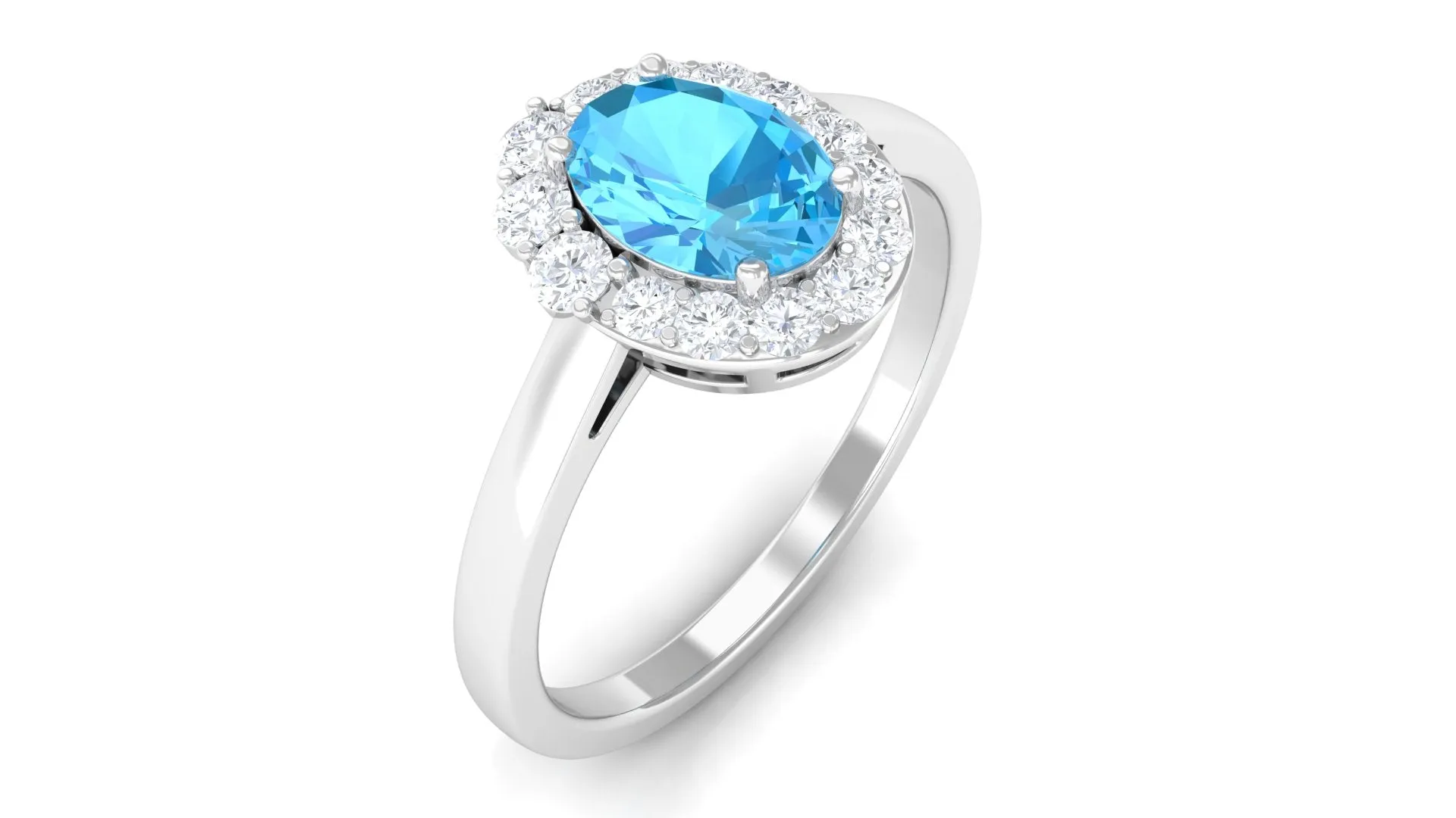 1 CT Classic Swiss Blue Topaz Cocktail Ring with Diamond Halo