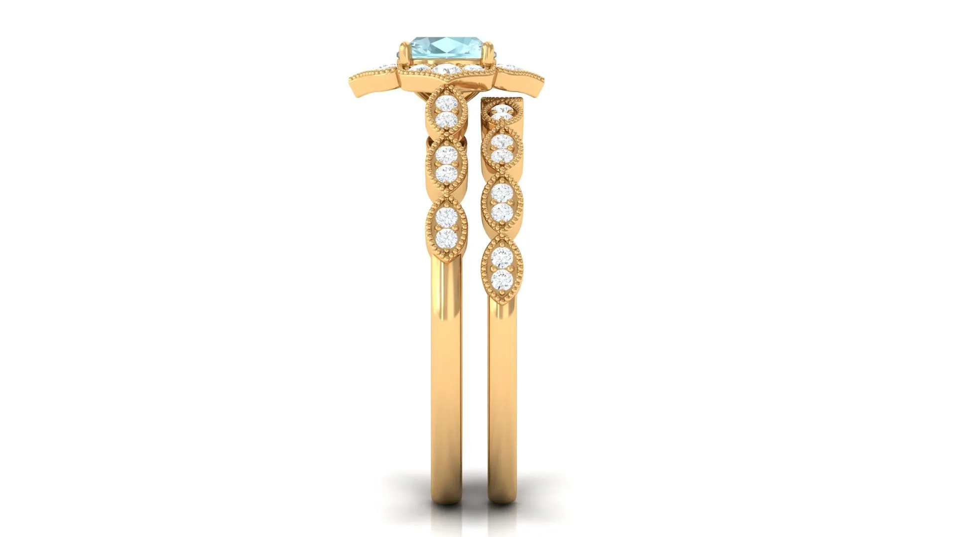 1 CT Sky Blue Topaz Flower Beaded Ring Set with Diamond