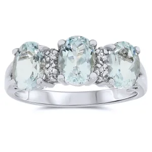 10k White Gold Oval Blue Aquamarine Gemstone and Diamond Promise Ring, Birthstone of March