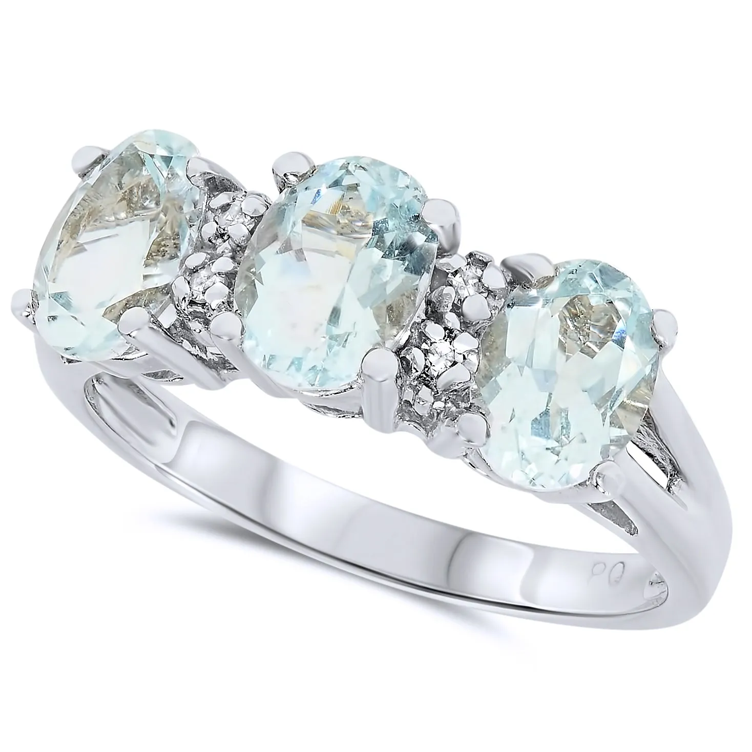 10k White Gold Oval Blue Aquamarine Gemstone and Diamond Promise Ring, Birthstone of March