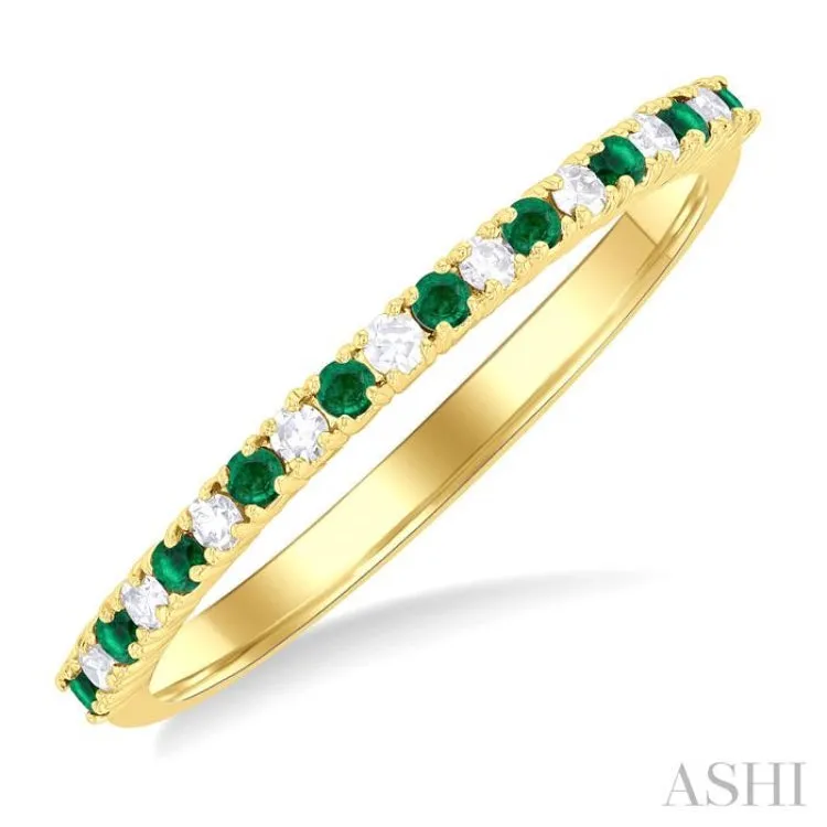 1/10 Ctw Petite 1.35 MM Emerald and Round Cut Diamond Precious Stack Band in 10K Yellow Gold