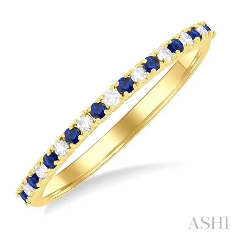 1/10 Ctw Petite 1.35 MM Sapphire and Round Cut Diamond Precious Stack Band in 10K Yellow Gold