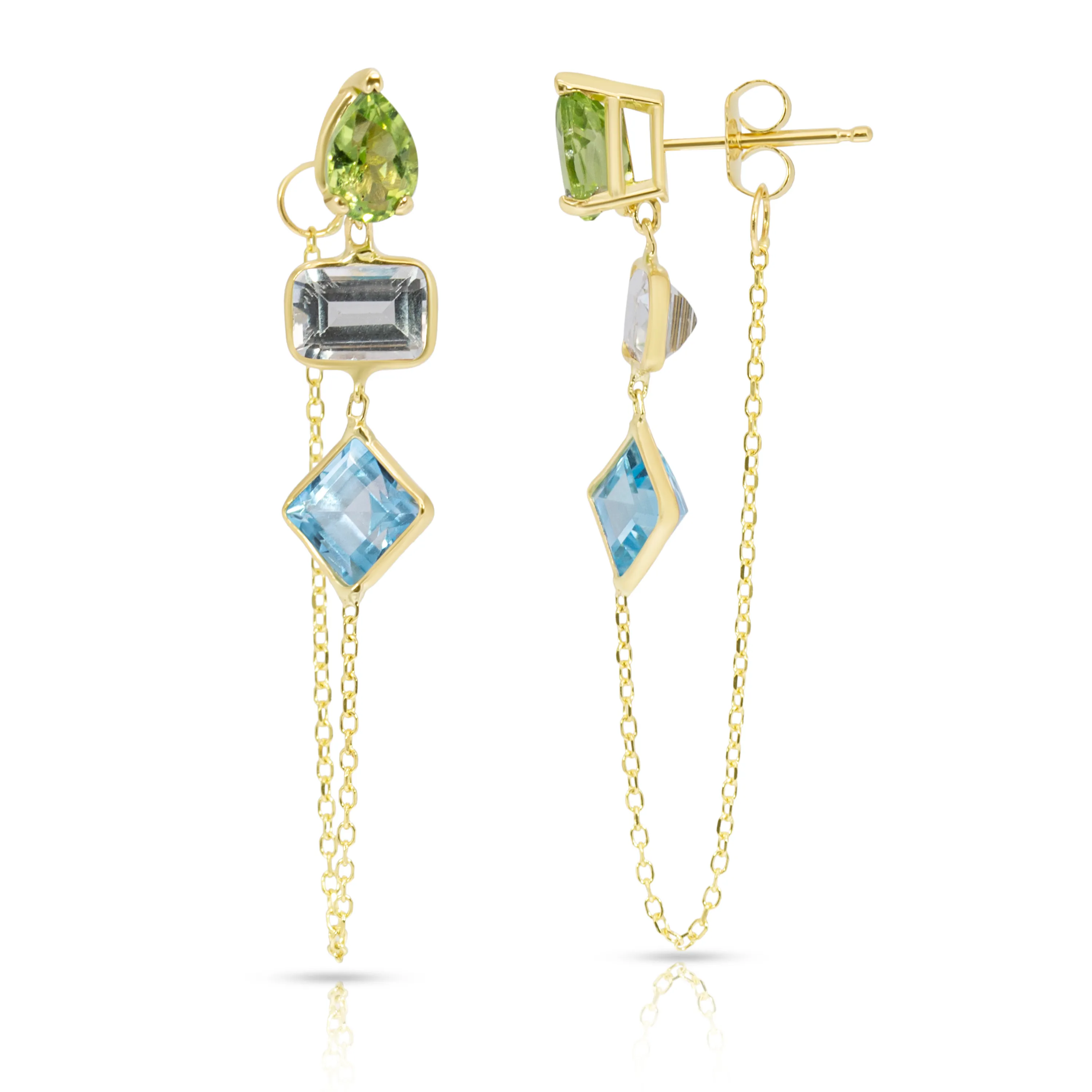 14K Yellow Gold Drop, Emerald And Princess Cut Peridot, White, Blue Topaz Gemstones Chain Studs