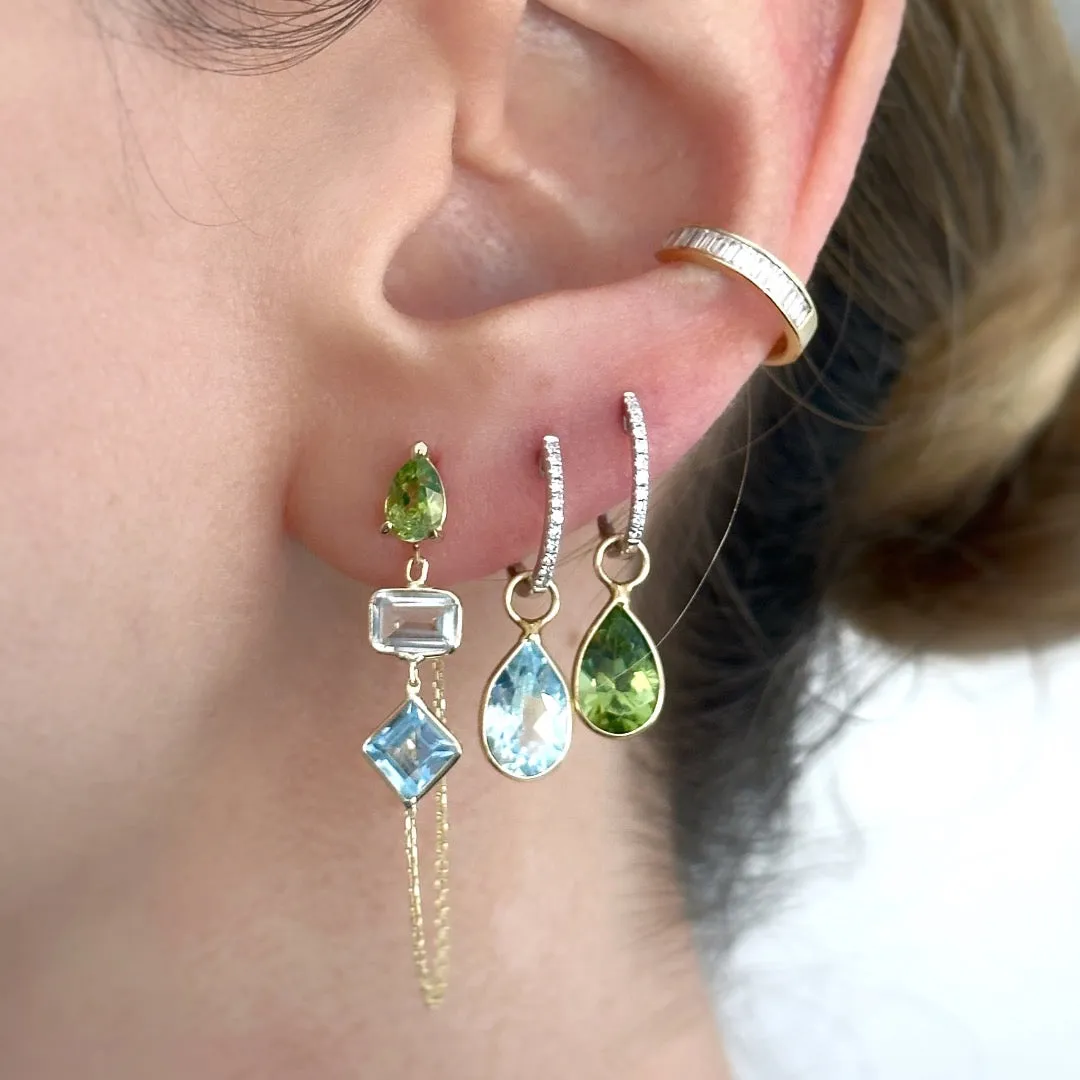 14K Yellow Gold Drop, Emerald And Princess Cut Peridot, White, Blue Topaz Gemstones Chain Studs