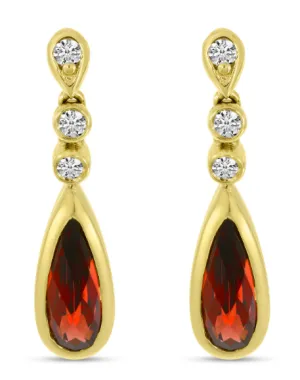 14K Yellow Gold Pear Garnet & Diamond Drop Earrings