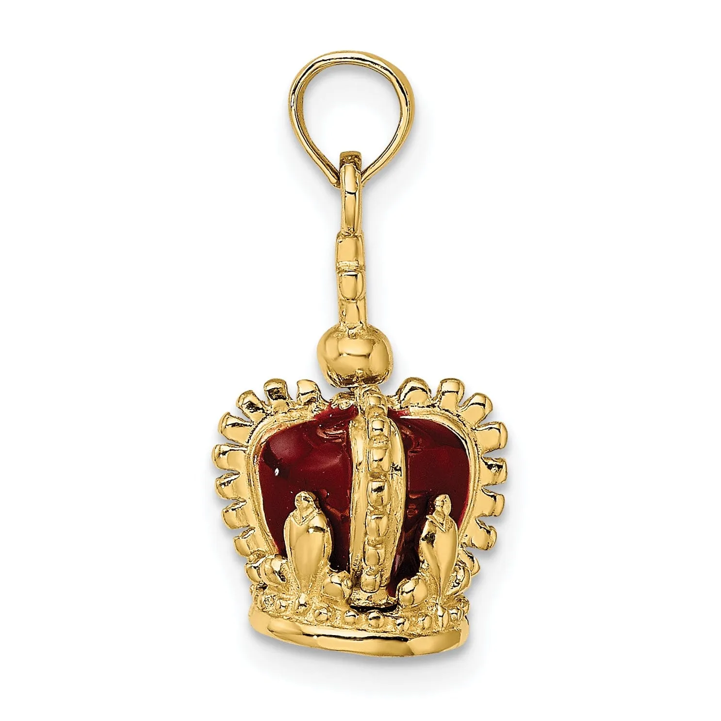 14K Yellow Gold Polished Red Enamel Finish 3-Dimensional Beaded Design Crown with Cross on Top Charm Pendant