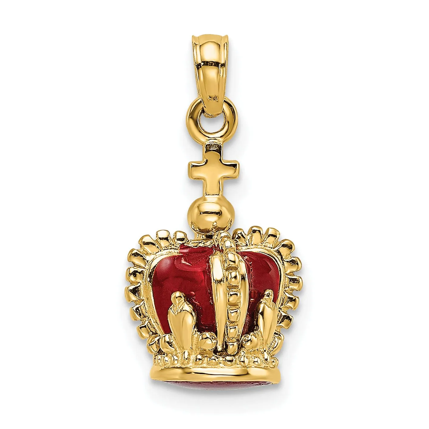 14K Yellow Gold Polished Red Enamel Finish 3-Dimensional Beaded Design Crown with Cross on Top Charm Pendant