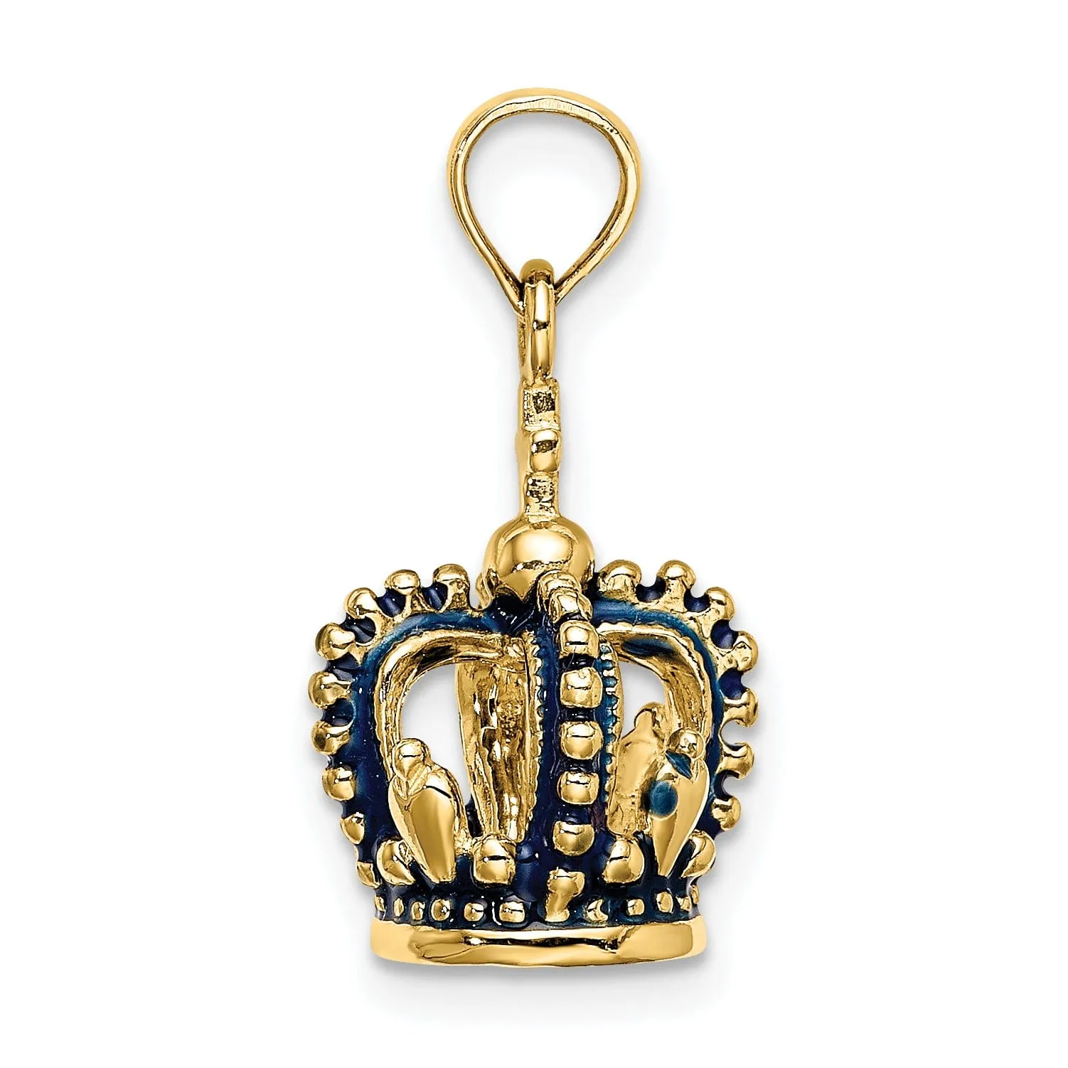 14K Yellow Gold Polished Solid Blue Enamel Finish 3-Dimensional Beaded Design Crown with Cross on Top Charm Pendant