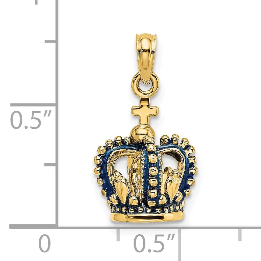 14K Yellow Gold Polished Solid Blue Enamel Finish 3-Dimensional Beaded Design Crown with Cross on Top Charm Pendant