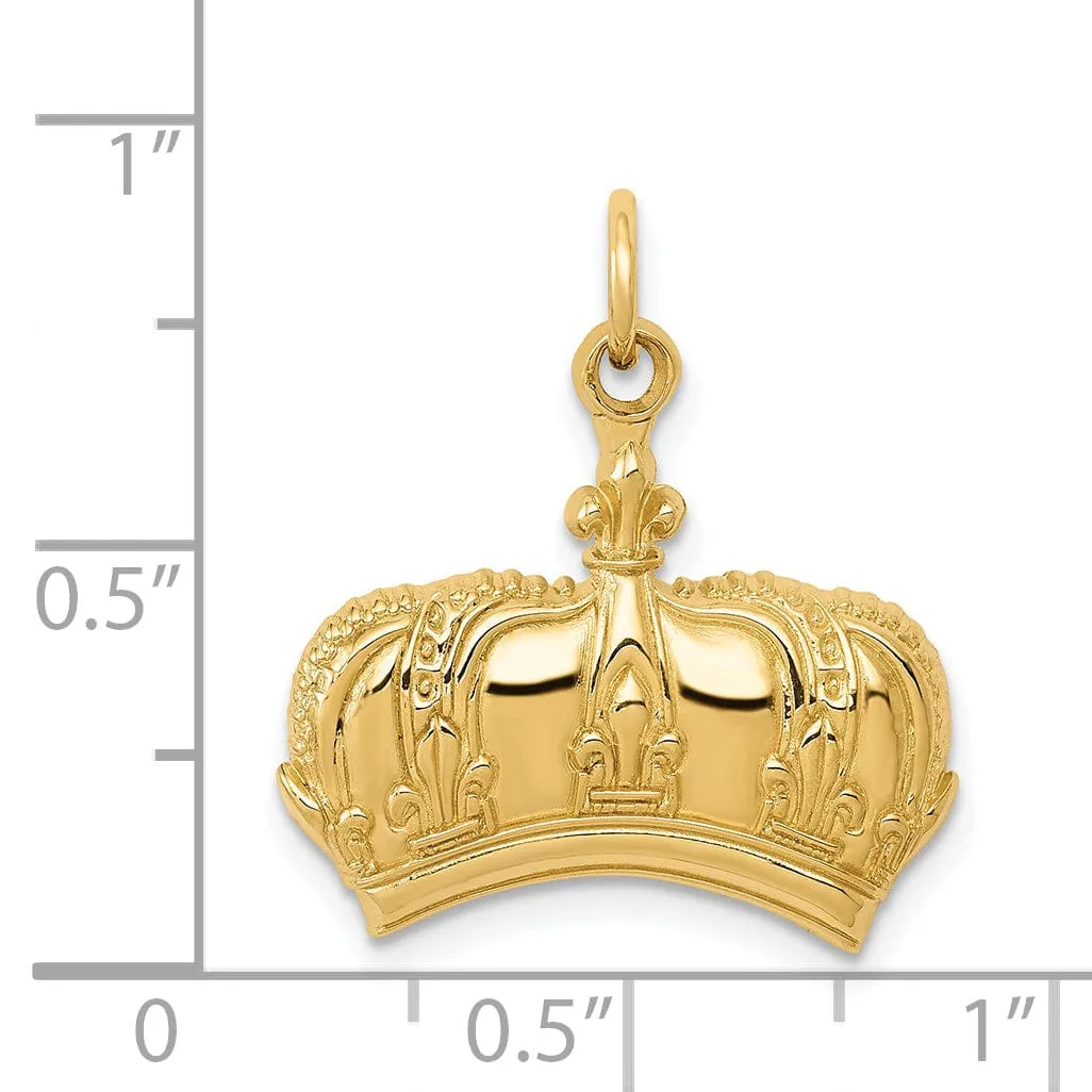 14k Yellow Gold Textured Polished Finish Mens Concave Shape Fleur De Lis Crown Design Charm Pendant