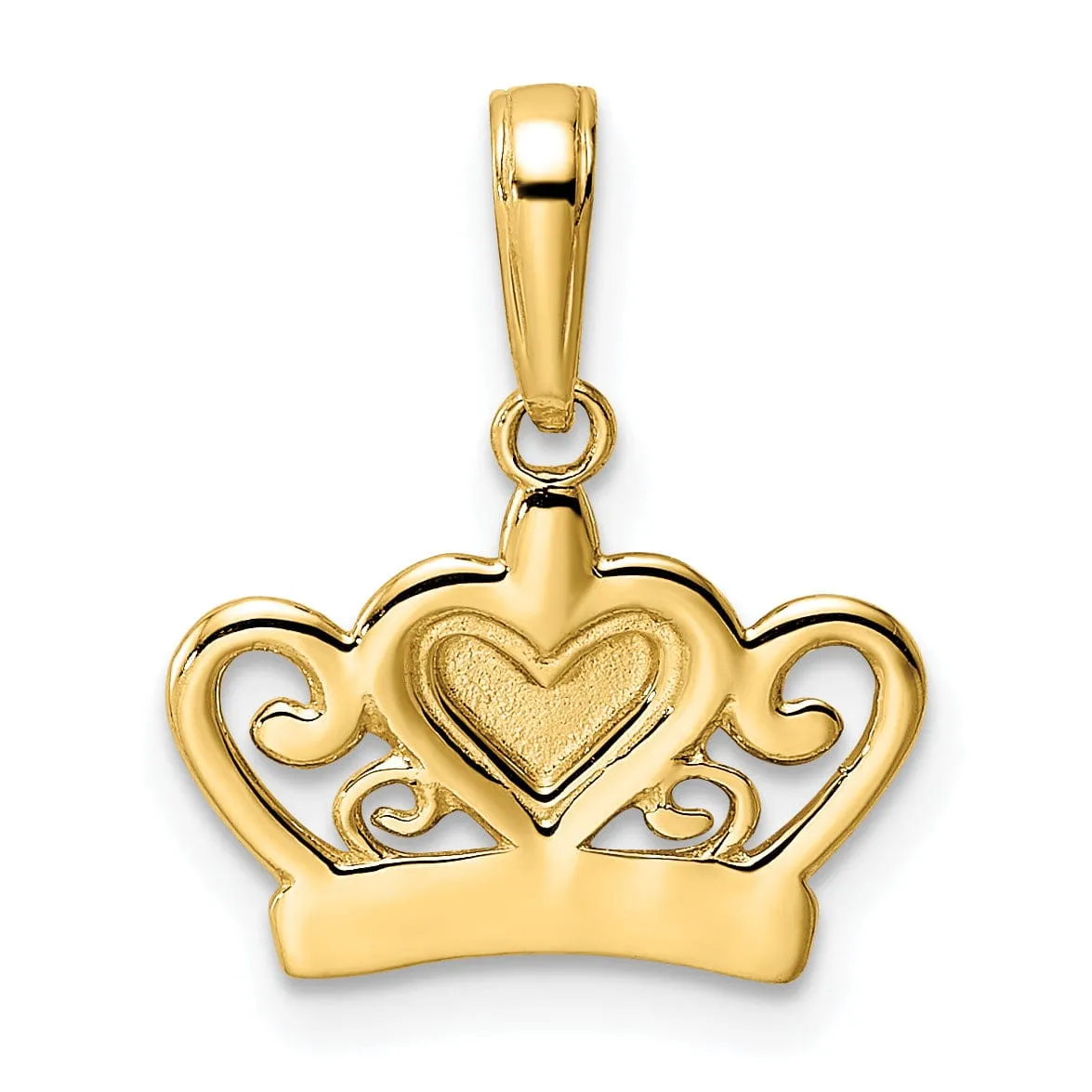 14k Yellow Gold White Rhodium Solid Open Back Polished Diamond Cut Finish Crown Heart Design Charm Pendant