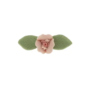 1928 Jewelry Genuine Pink Porcelain Rose & Green Leaf Bar Pin