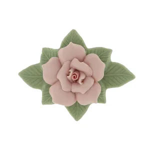 1928 Jewelry Large Pink Genuine Porcelain Rose And Green Leaf Bar Pin