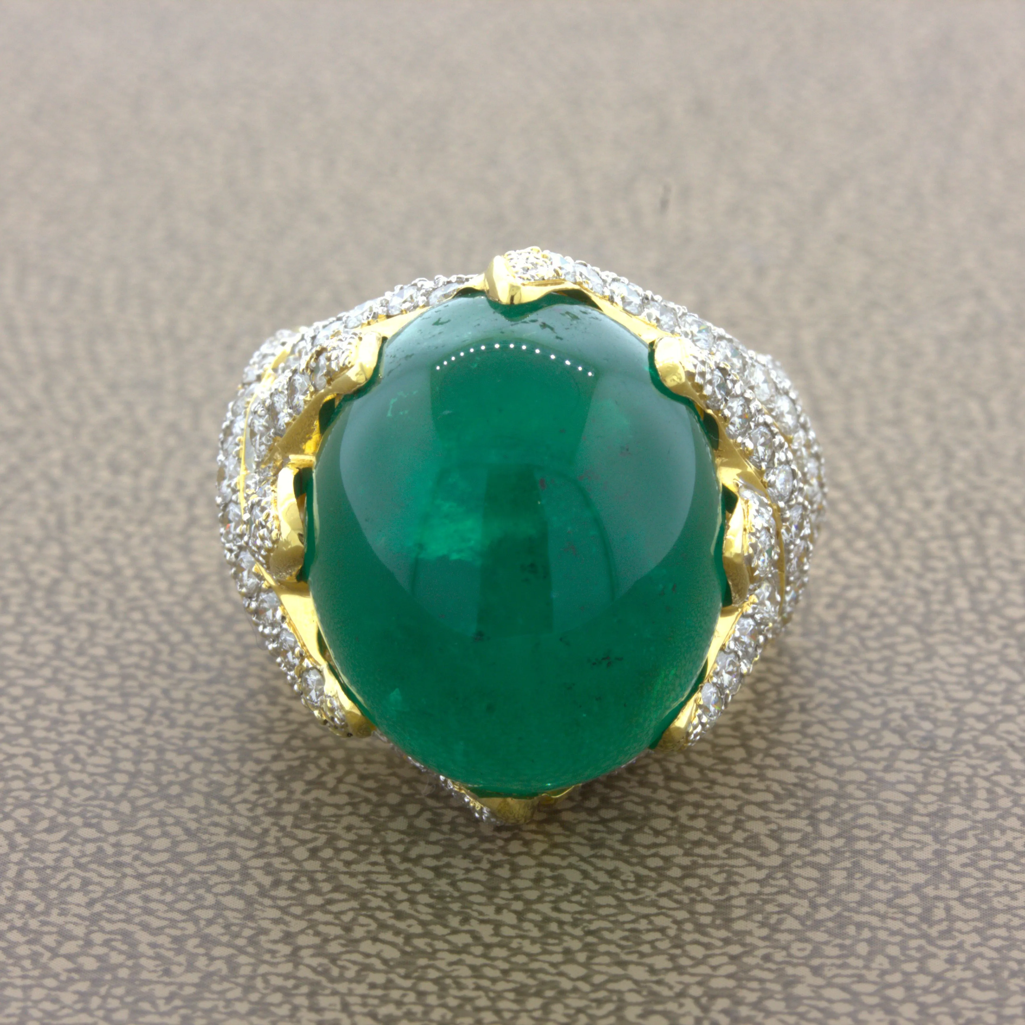 26.67 Carat Colombian Emerald Diamond 18K Yellow Gold Cocktail Ring, AGL Cert.