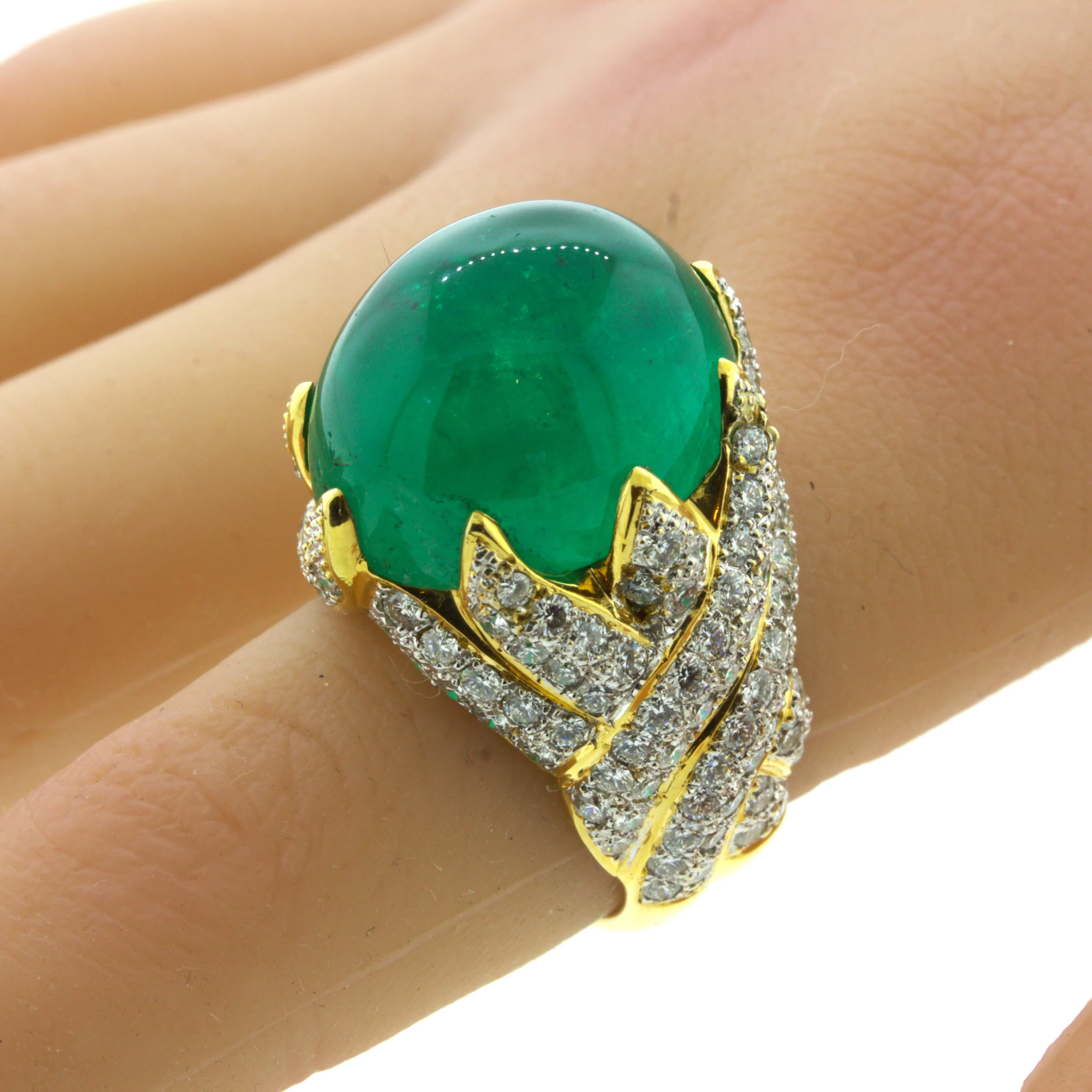 26.67 Carat Colombian Emerald Diamond 18K Yellow Gold Cocktail Ring, AGL Cert.