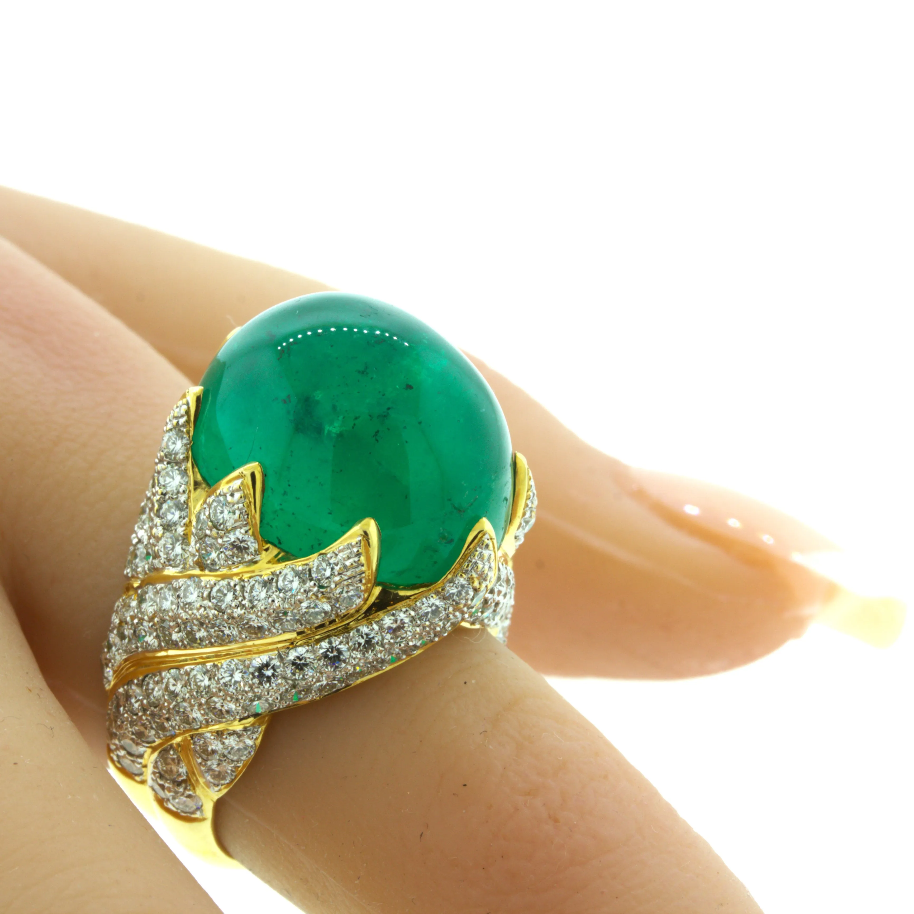 26.67 Carat Colombian Emerald Diamond 18K Yellow Gold Cocktail Ring, AGL Cert.