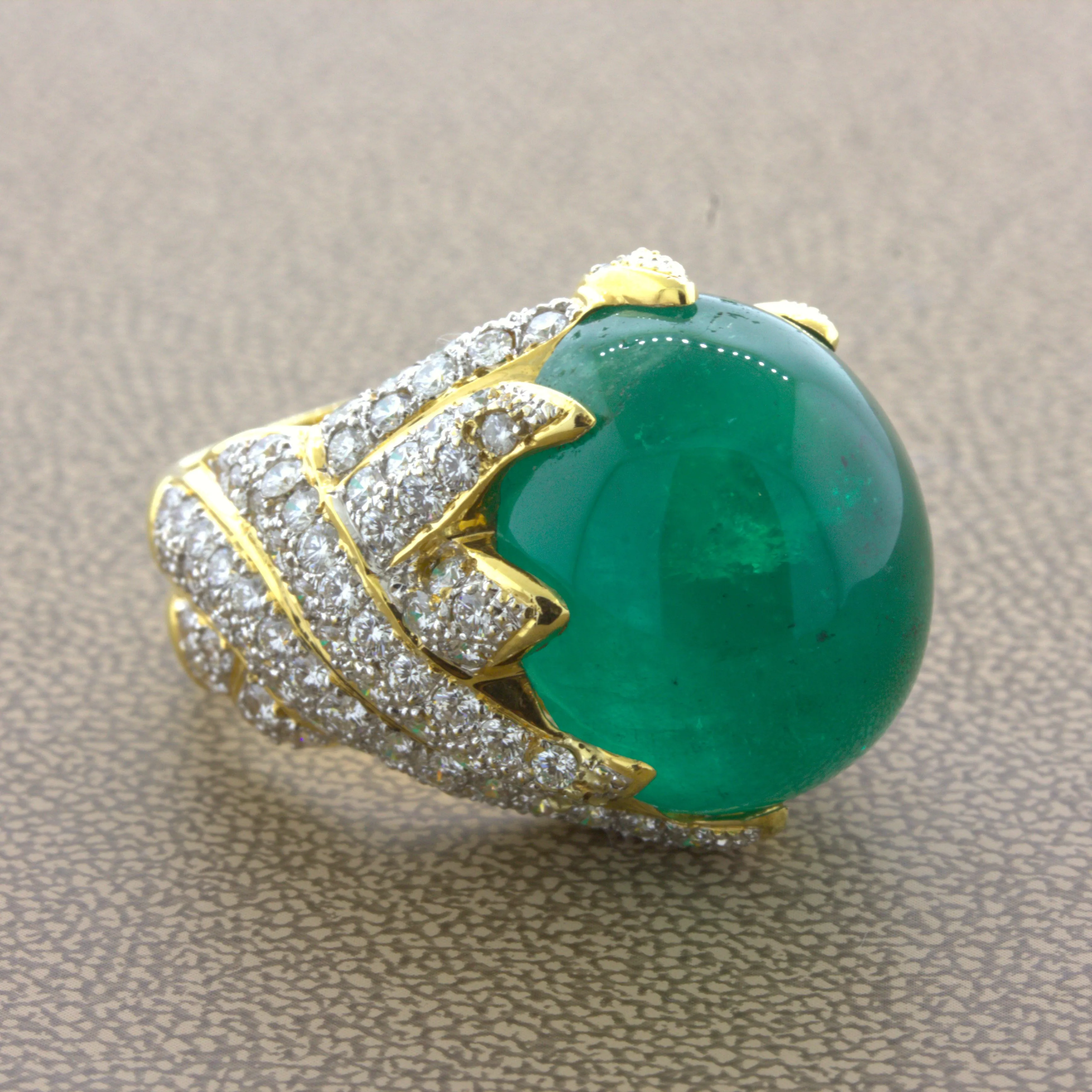 26.67 Carat Colombian Emerald Diamond 18K Yellow Gold Cocktail Ring, AGL Cert.