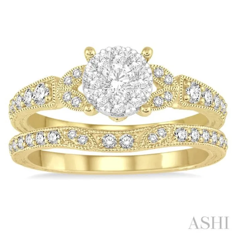 5/8 Ctw Round Cut Diamond Lovebright Wedding Set with 1/2 Ctw Engagement Ring and 1/6 Ctw Wedding Band in 14K Yellow and White Gold