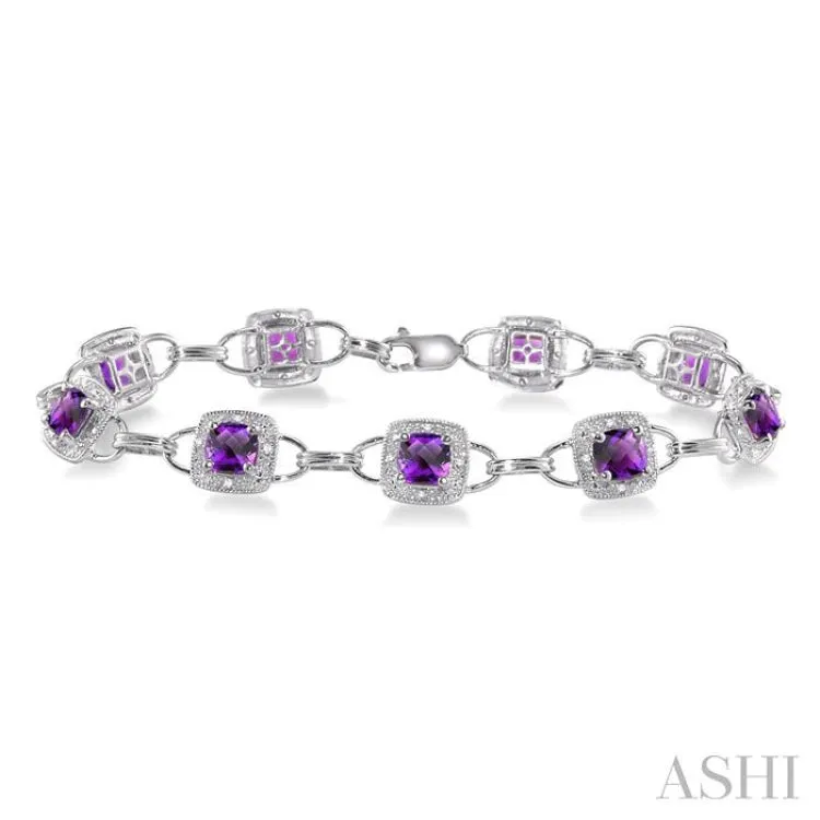 5x5MM Cushion Cut Amethyst and 1/6 Ctw Single Cut Diamond Bracelet in 10K White Gold