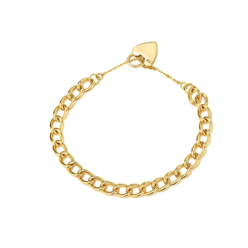 7mm Gold Curb Bracelet Heart Padlock Charm 8 Inch