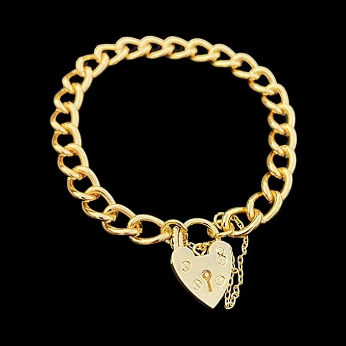 7mm Gold Curb Bracelet Heart Padlock Charm 8 Inch