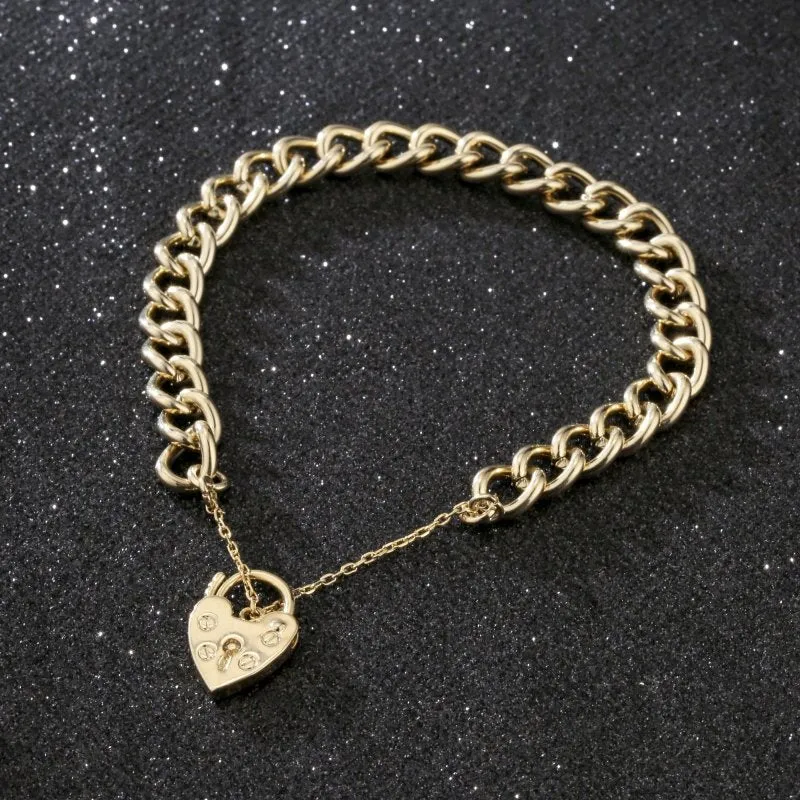 7mm Gold Curb Bracelet Heart Padlock Charm 8 Inch