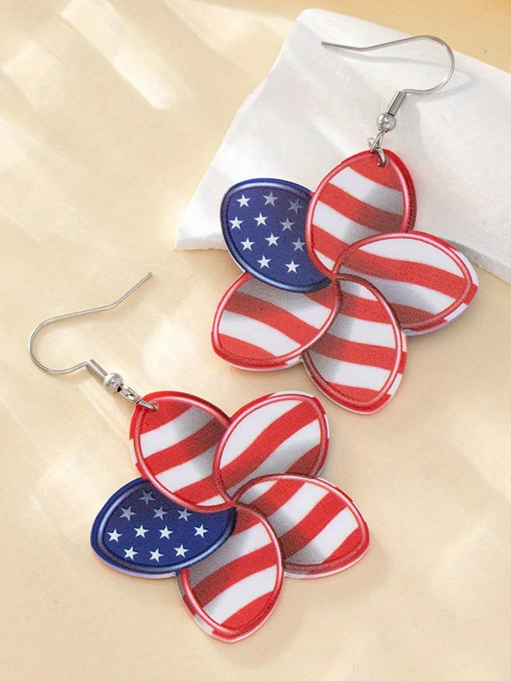 American Flag Print Flower Shaped Hook Earrings in Vibrant Red