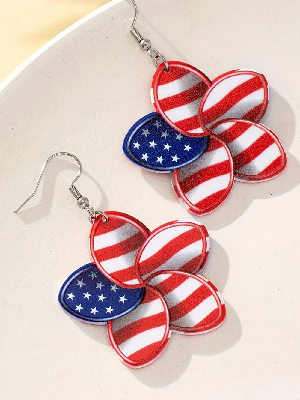 American Flag Print Flower Shaped Hook Earrings in Vibrant Red