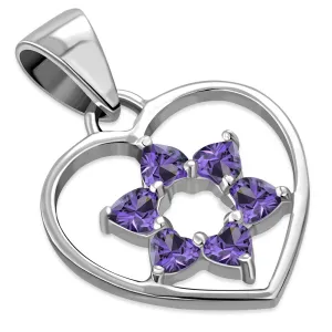 Amethyst CZ Heart Shape Star David Silver Pendant