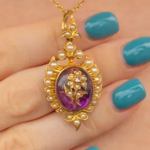 Antique 15ct Gold Amethyst Cabochon & Rose-Cut Diamond Pendant, Locket Back