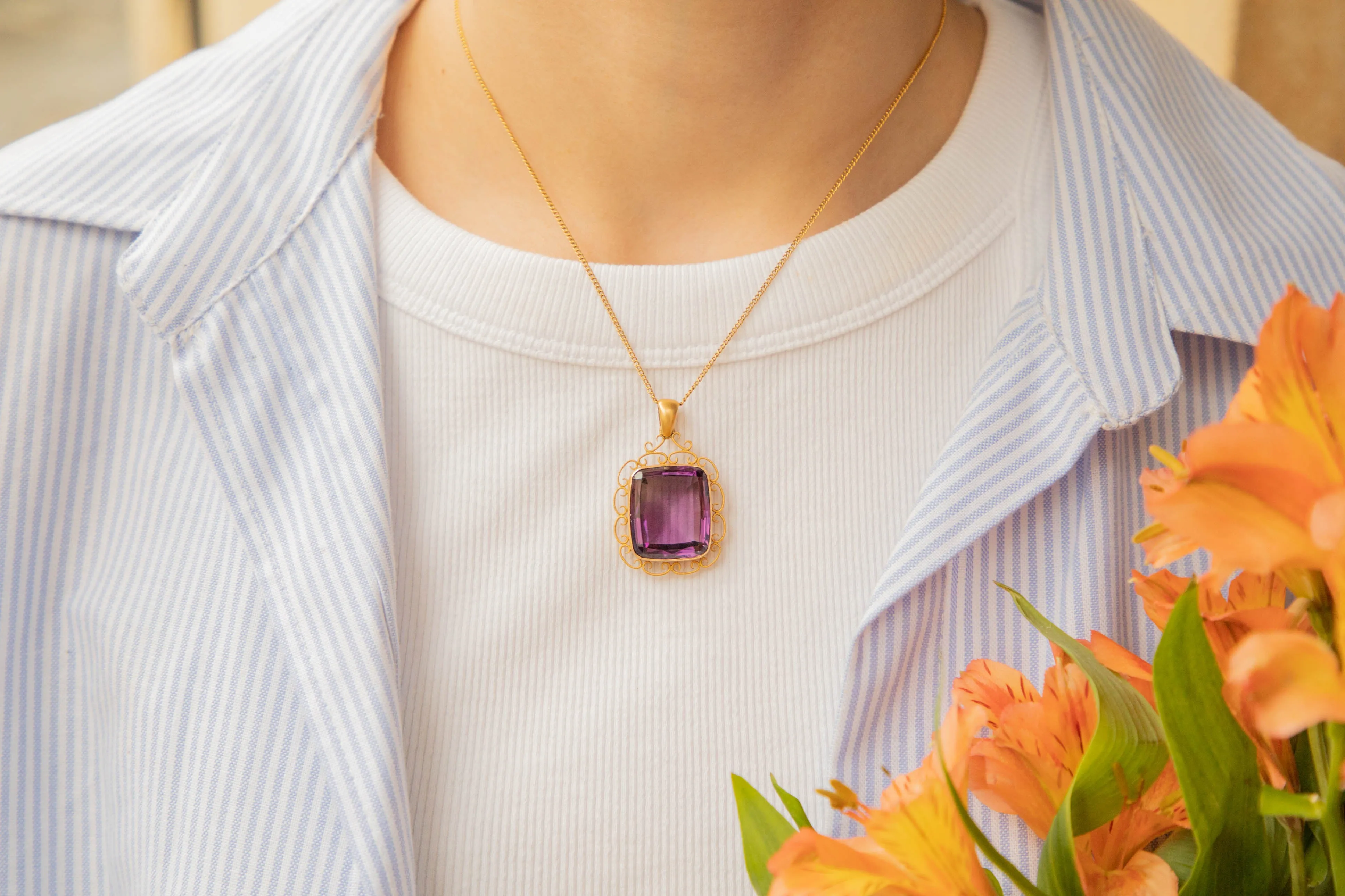 Antique 15ct Gold Rectangular Amethyst Pendant, 20.20ct