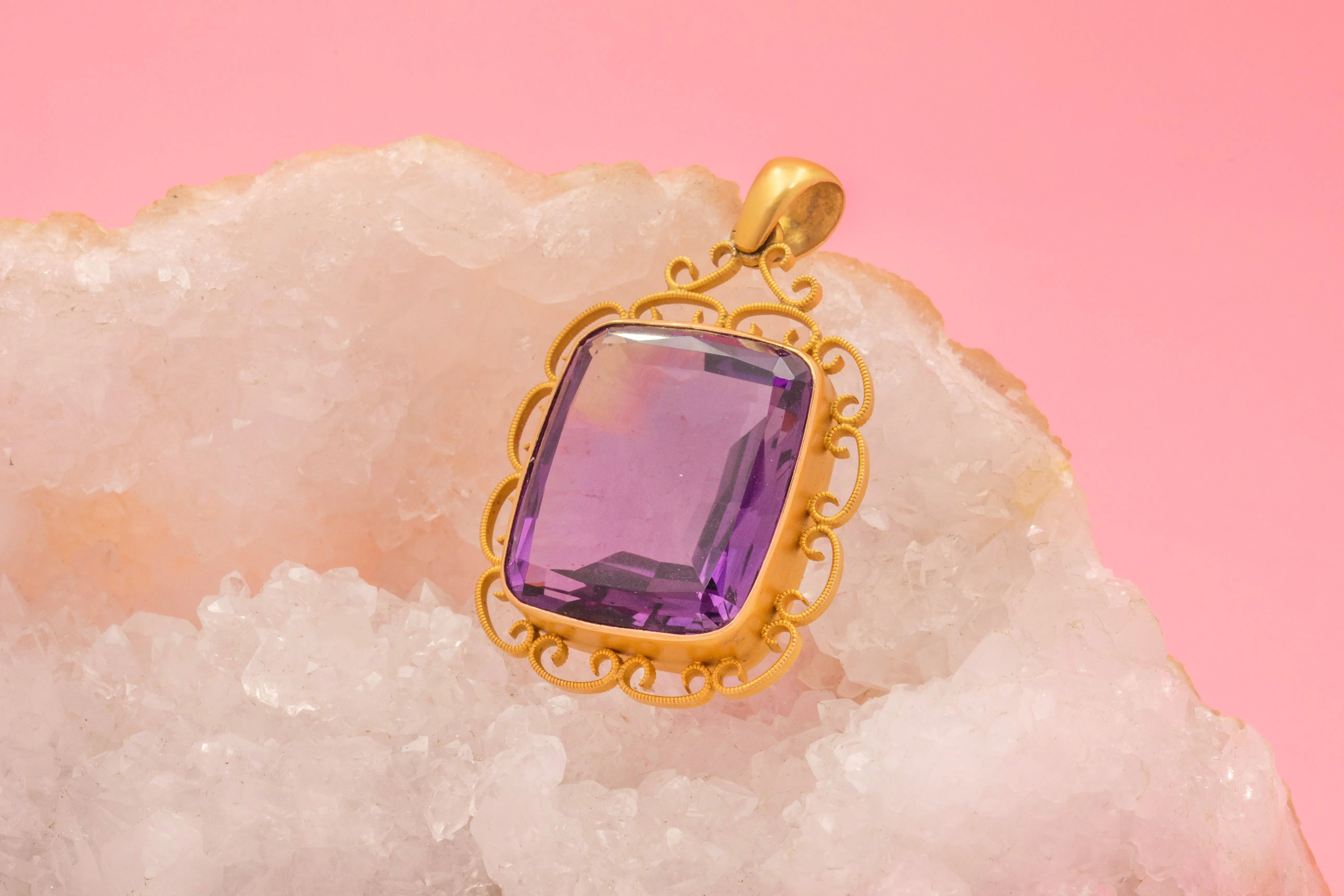 Antique 15ct Gold Rectangular Amethyst Pendant, 20.20ct