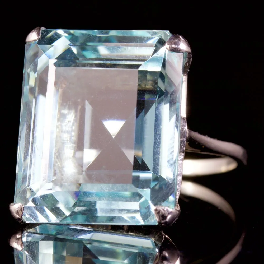 Antique Art Deco Large Aquamarine Ring 18Ct White Gold Circa 1920