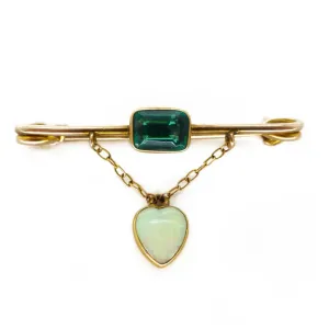 Antique Arts & Crafts Murrle Bennett 9 Carat Gold Opal Heart Emerald Paste Brooch