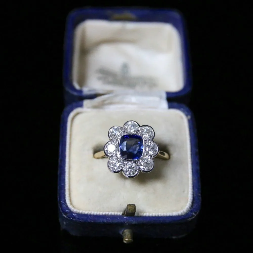 Antique Diamond Sapphire Ring 2Ct Diamond Cluster 1.60Ct Sapphire