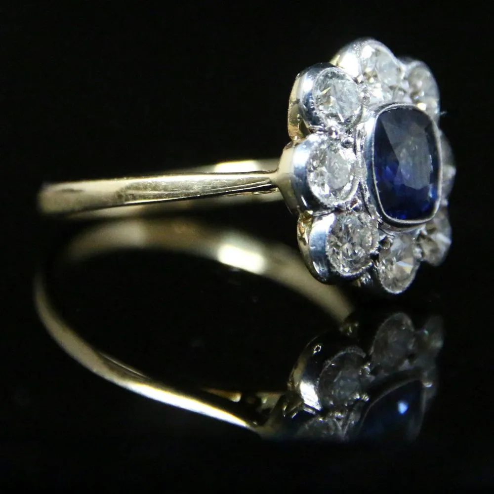 Antique Diamond Sapphire Ring 2Ct Diamond Cluster 1.60Ct Sapphire