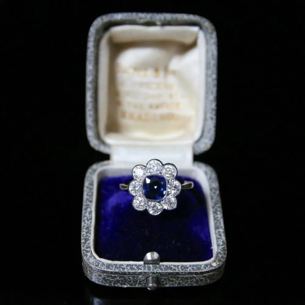 Antique Diamond Sapphire Ring 2Ct Diamond Cluster 1.60Ct Sapphire