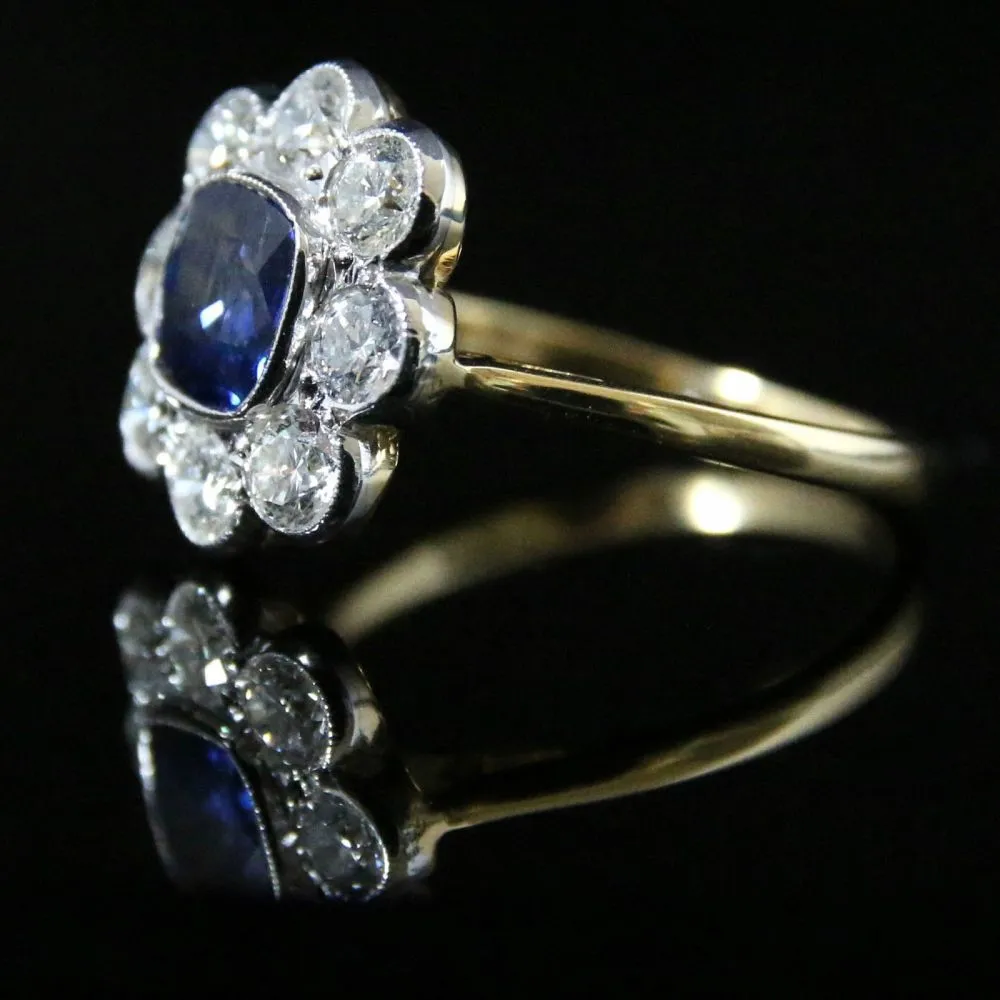 Antique Diamond Sapphire Ring 2Ct Diamond Cluster 1.60Ct Sapphire