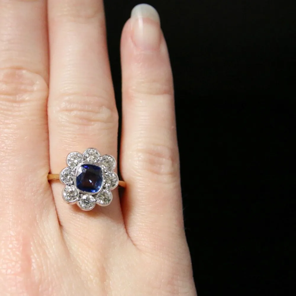 Antique Diamond Sapphire Ring 2Ct Diamond Cluster 1.60Ct Sapphire