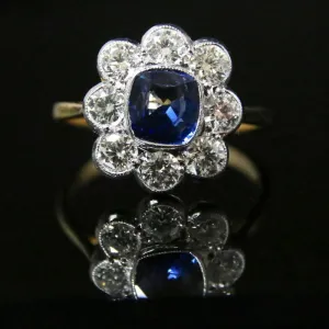 Antique Diamond Sapphire Ring 2Ct Diamond Cluster 1.60Ct Sapphire