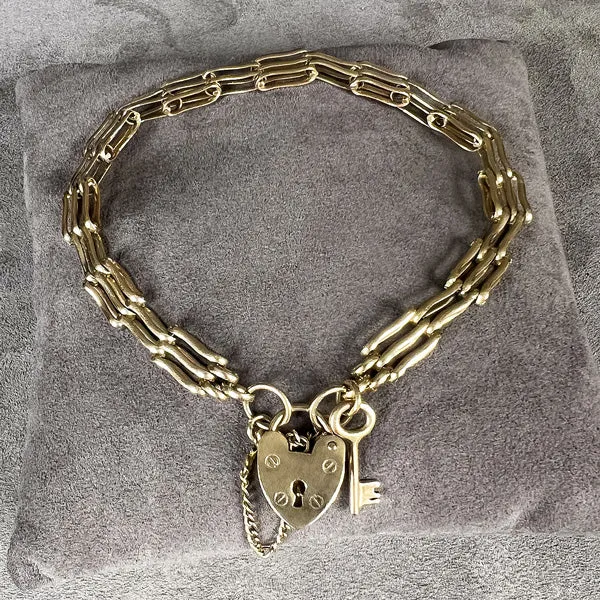 Antique Gate Link Bracelet with Heart Padlock