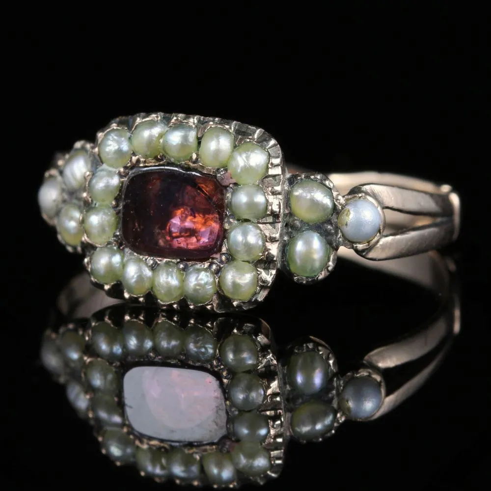 Antique Georgian Flat Cut Garnet Pearl Ring 18Ct Gold Circa 1800