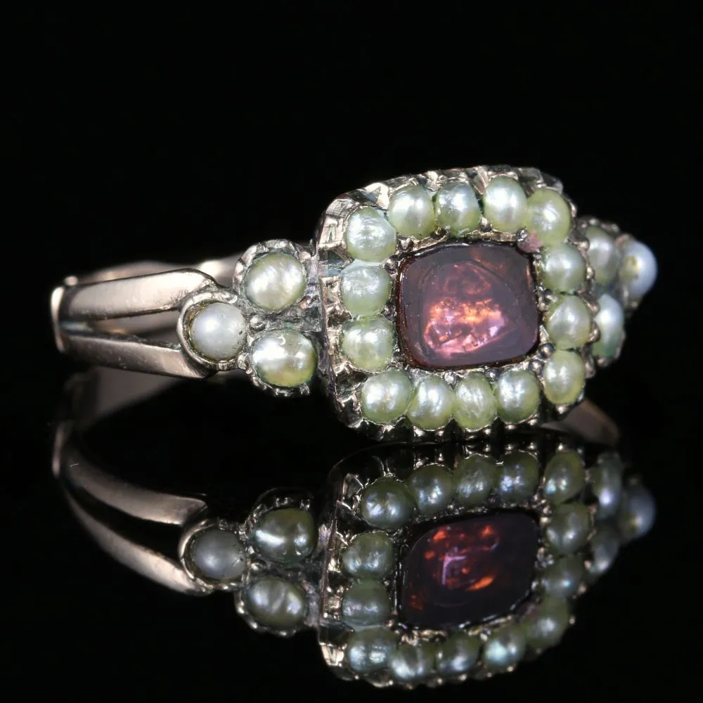 Antique Georgian Flat Cut Garnet Pearl Ring 18Ct Gold Circa 1800