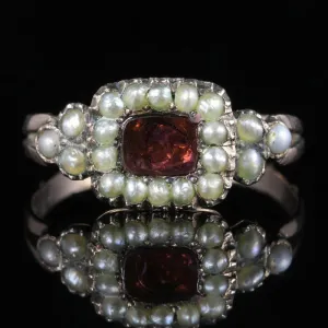 Antique Georgian Flat Cut Garnet Pearl Ring 18Ct Gold Circa 1800