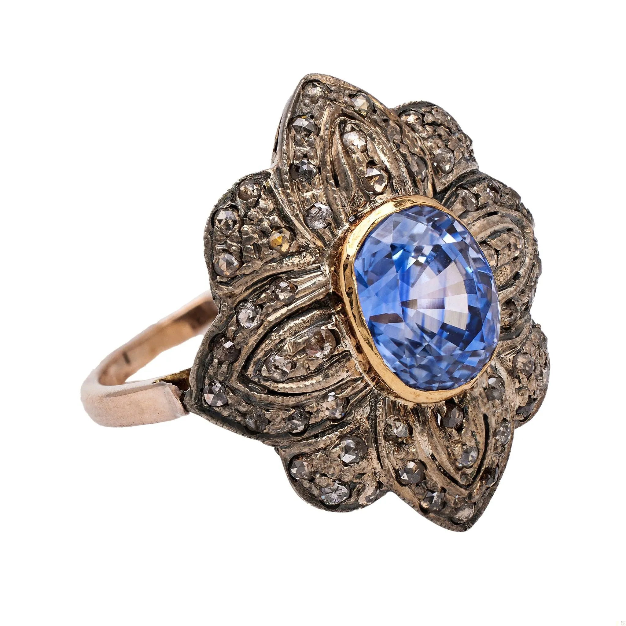 Antique Portuguese Sapphire and Diamond Gold Silver Ring