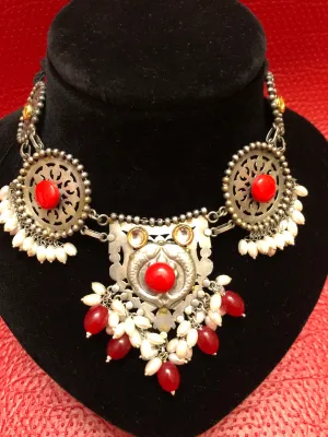 Antique Silver Choker Necklace Set with Kundan Work