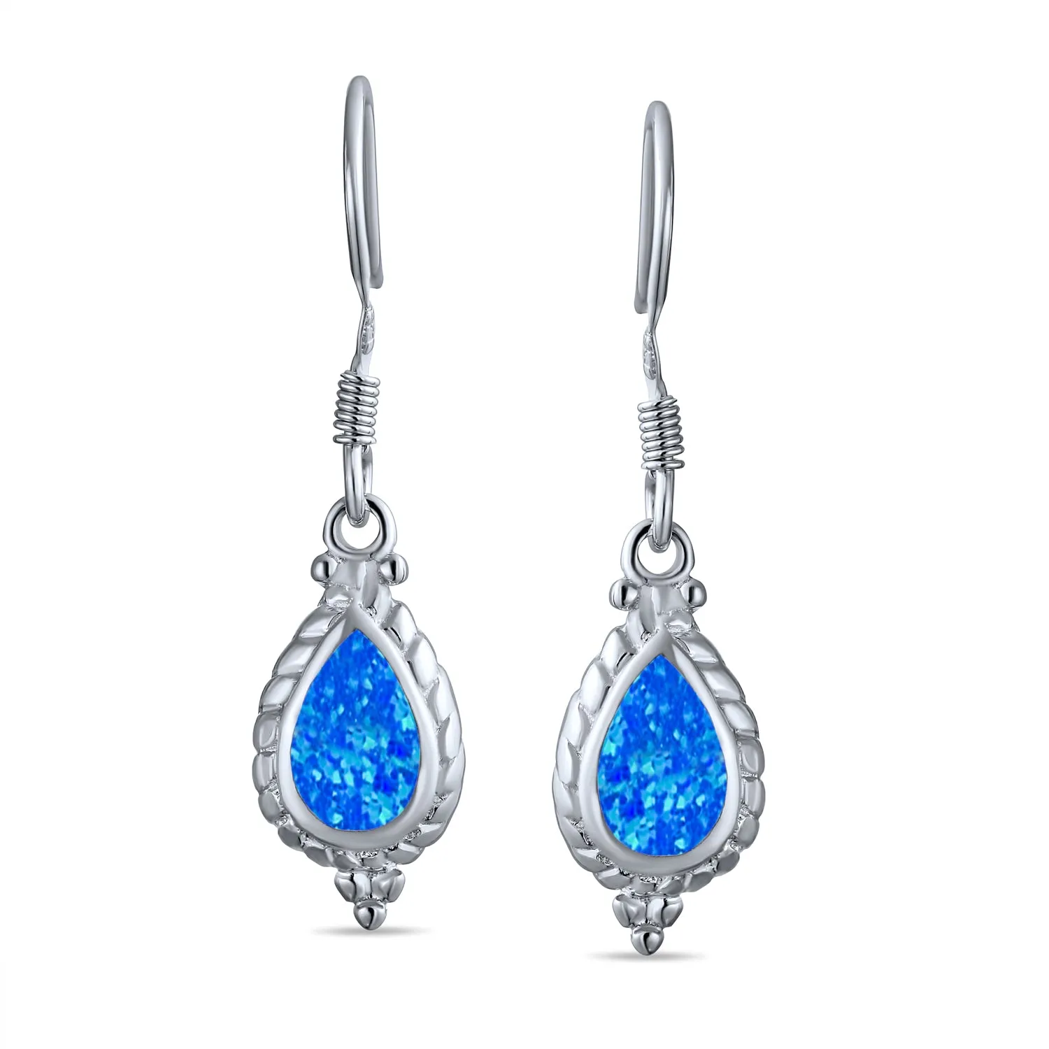 Antique Style Dangle Gemstone Earrings with Iridescent Opal in Sterling Silver