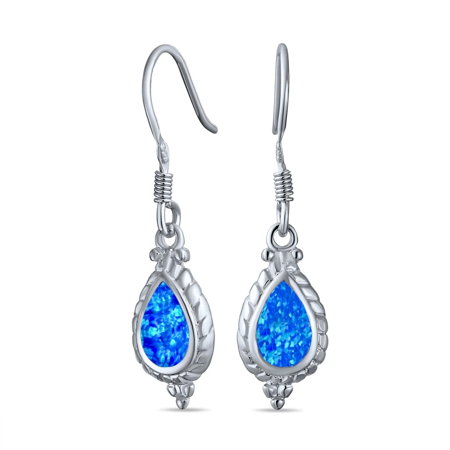 Antique Style Dangle Gemstone Earrings with Iridescent Opal in Sterling Silver