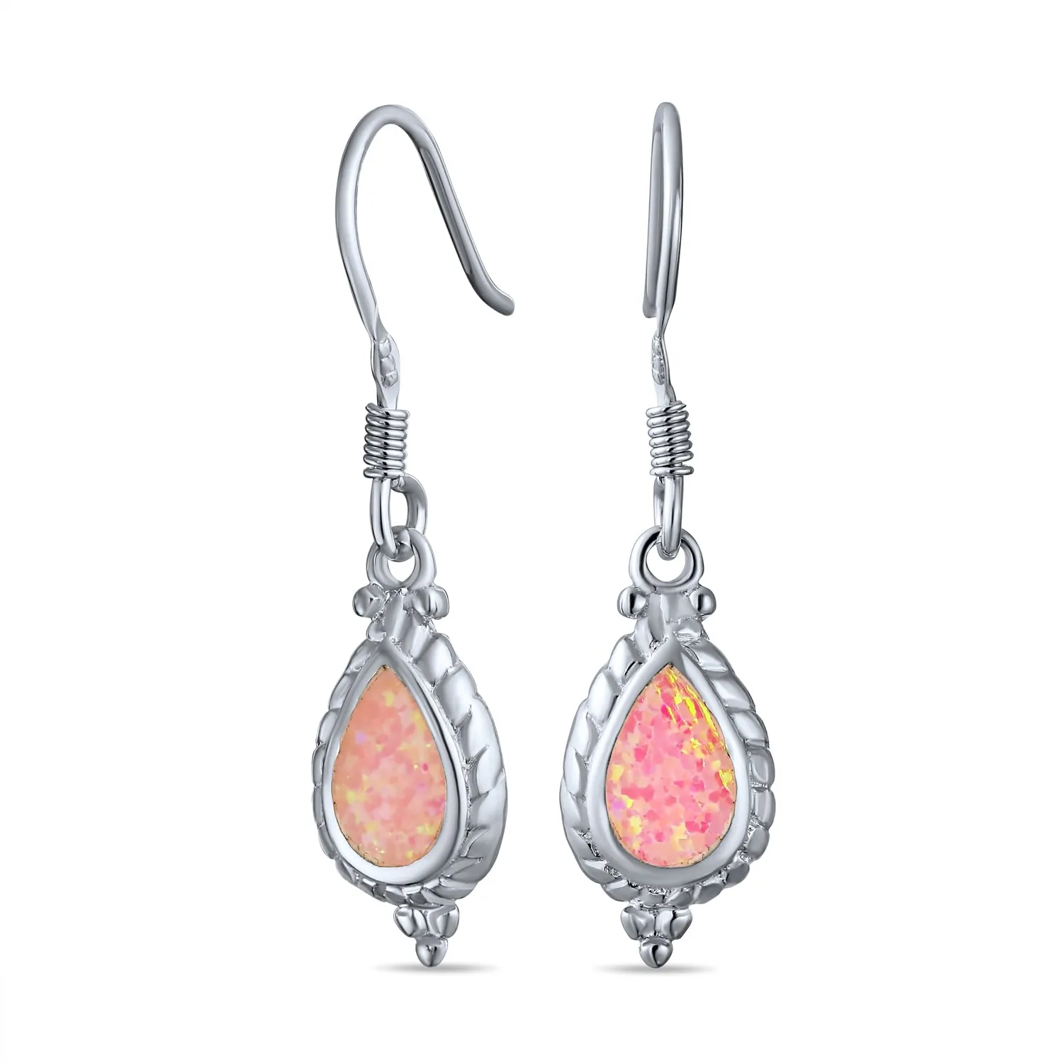 Antique Style Dangle Gemstone Earrings with Iridescent Opal in Sterling Silver