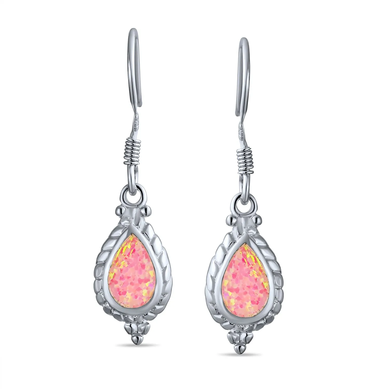 Antique Style Dangle Gemstone Earrings with Iridescent Opal in Sterling Silver